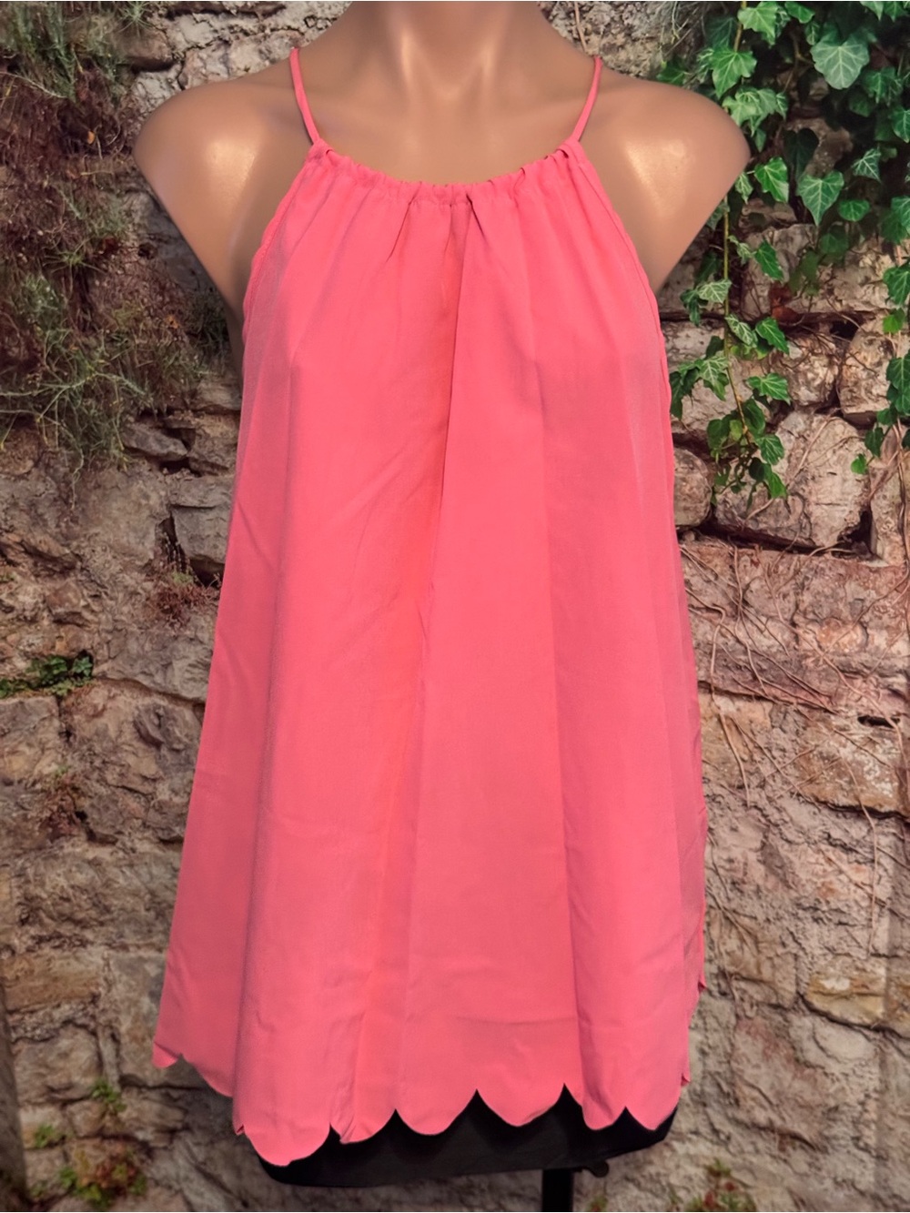 Fun Sleeveless Barbie Pink Halter Neck Scallop Hem Tunic